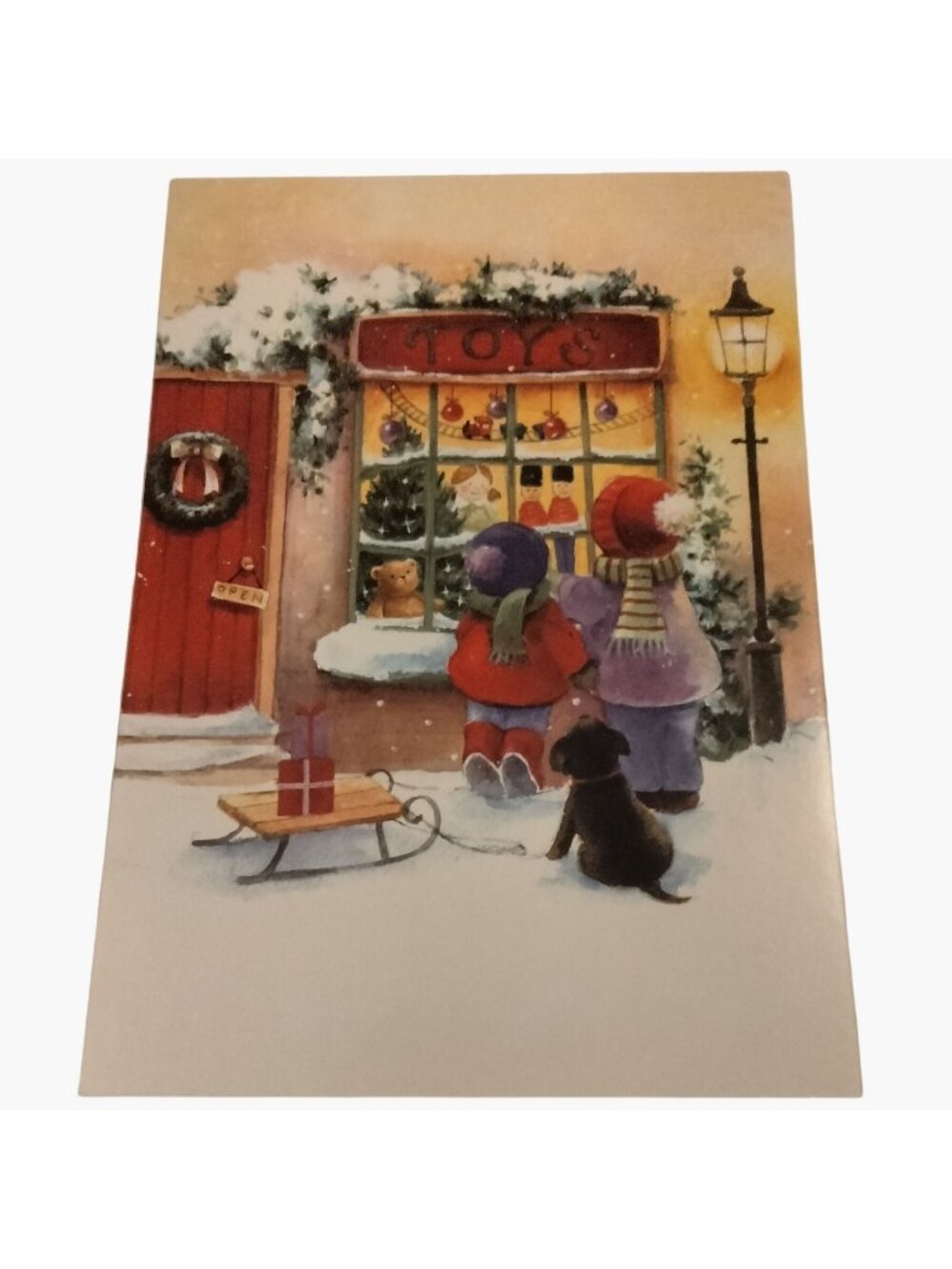 Christmas Card Children Dog Looking At Toy Store May The Gifts Of Love And Joy